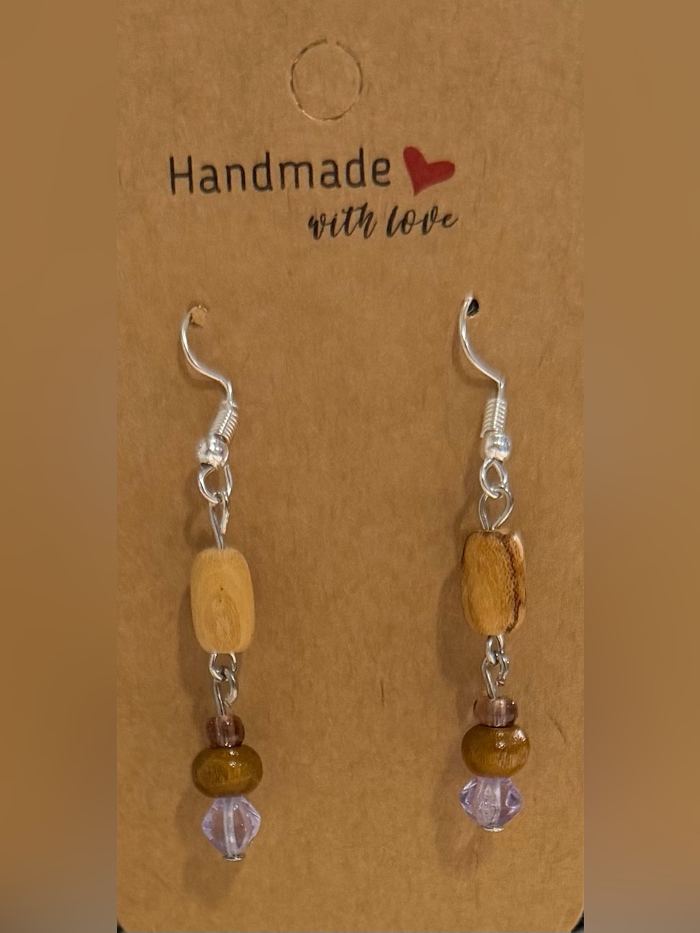 ✨Handmade✨ Wood & Glass Purple Bead Dangle Earrings - Hypoallergenic